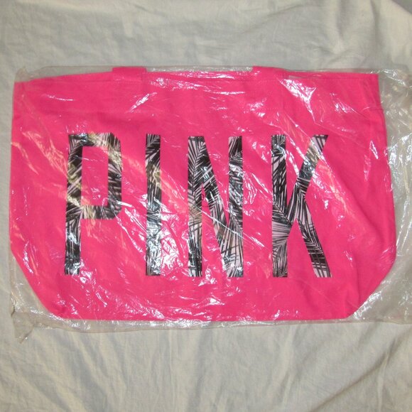 PINK Victoria's Secret Handbags - NWT PINK Victorias Secret Hot Pink Tropical Spellout Canvas Tote Bag Beach